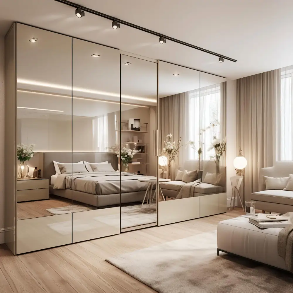 Large leaning mirror opposite a bedroom window bouncing natural light across a bedroom with one window