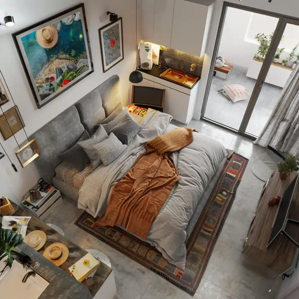 Overhead view of a small bedroom layout planned around one window with bed, mirror, and clear walking paths