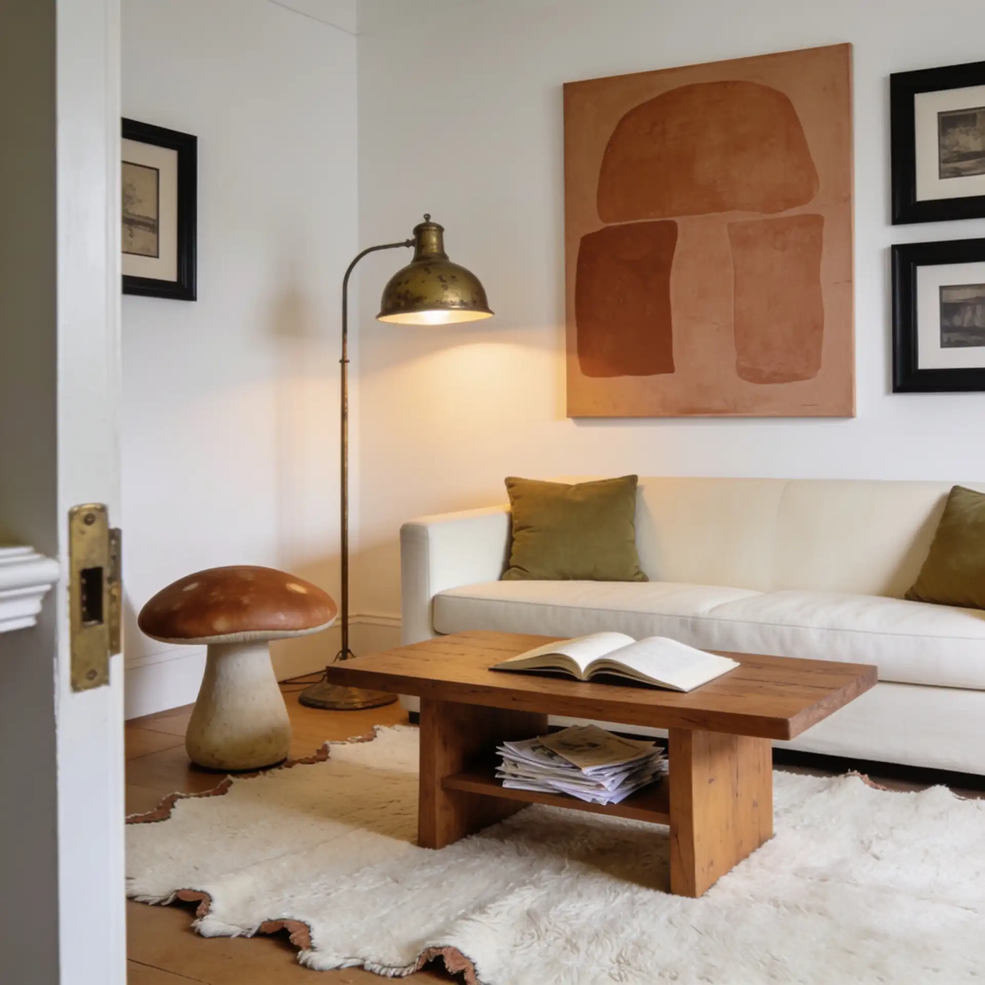 Organic modern living room ideas shown through cream, clay, sage, oak, wool, and matte black accents