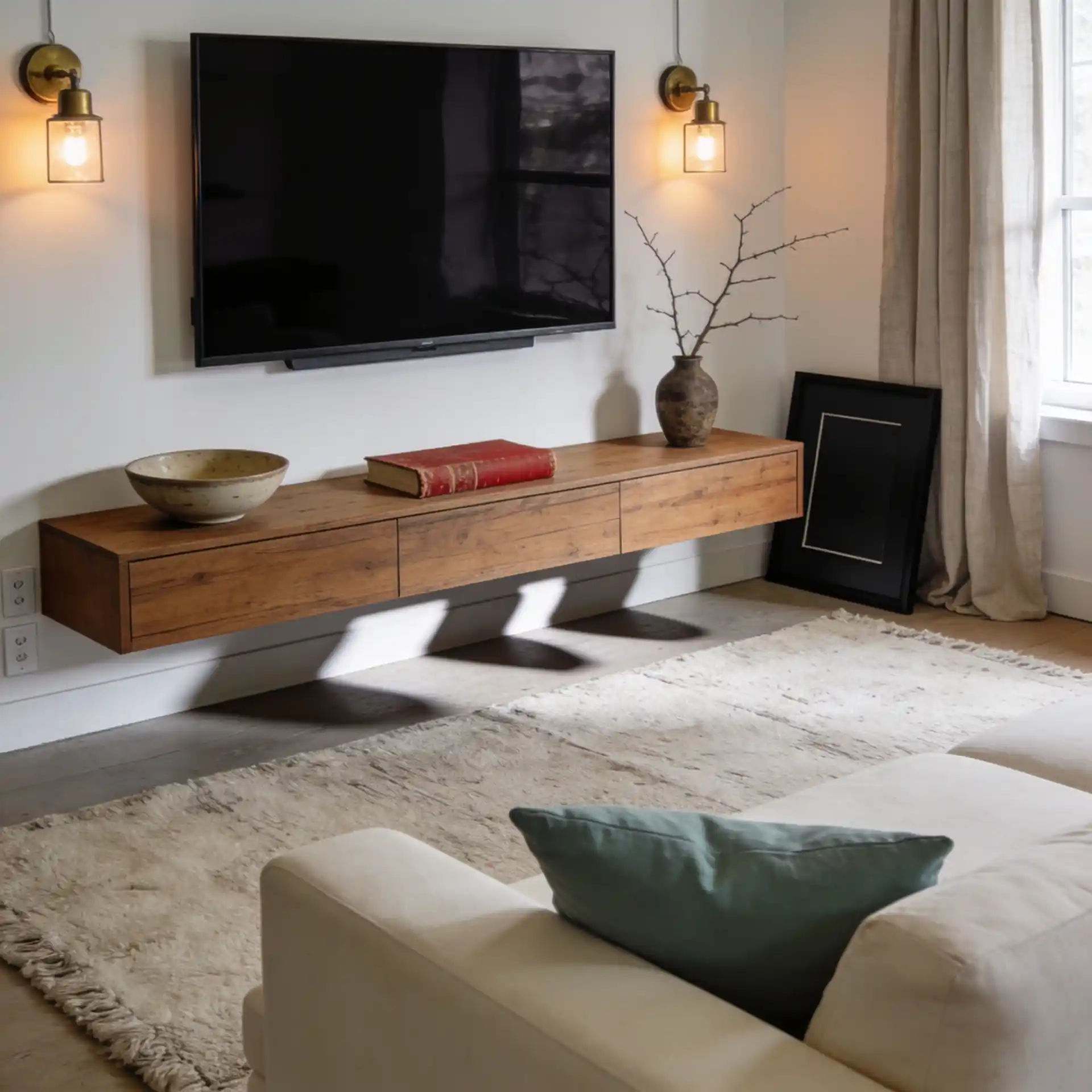 Organic modern TV wall with low oak media console, linen curtains, wool rug, and soft wall sconces