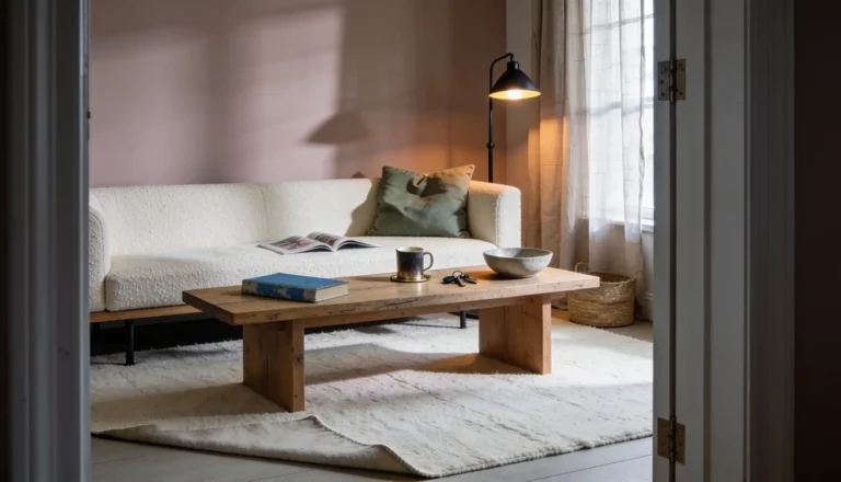 Organic modern living room with cream sofa, oak table, wool rug, linen curtains, and warm lamp light