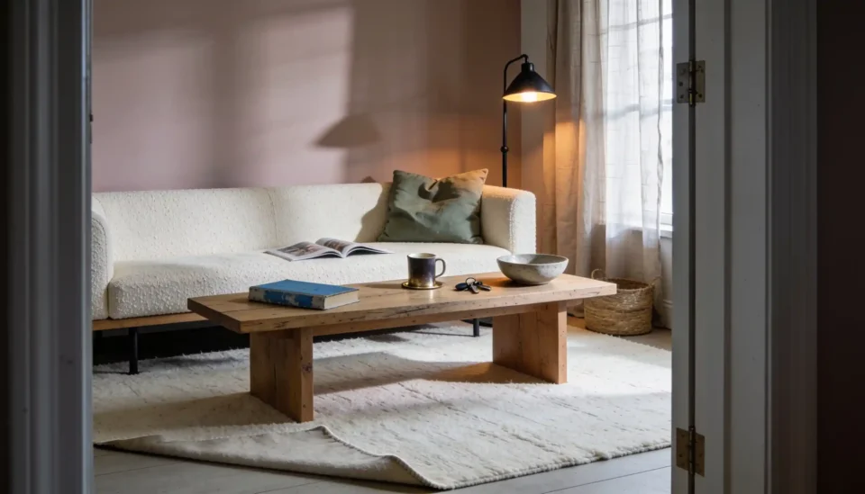 Organic modern living room with cream sofa, oak table, wool rug, linen curtains, and warm lamp light