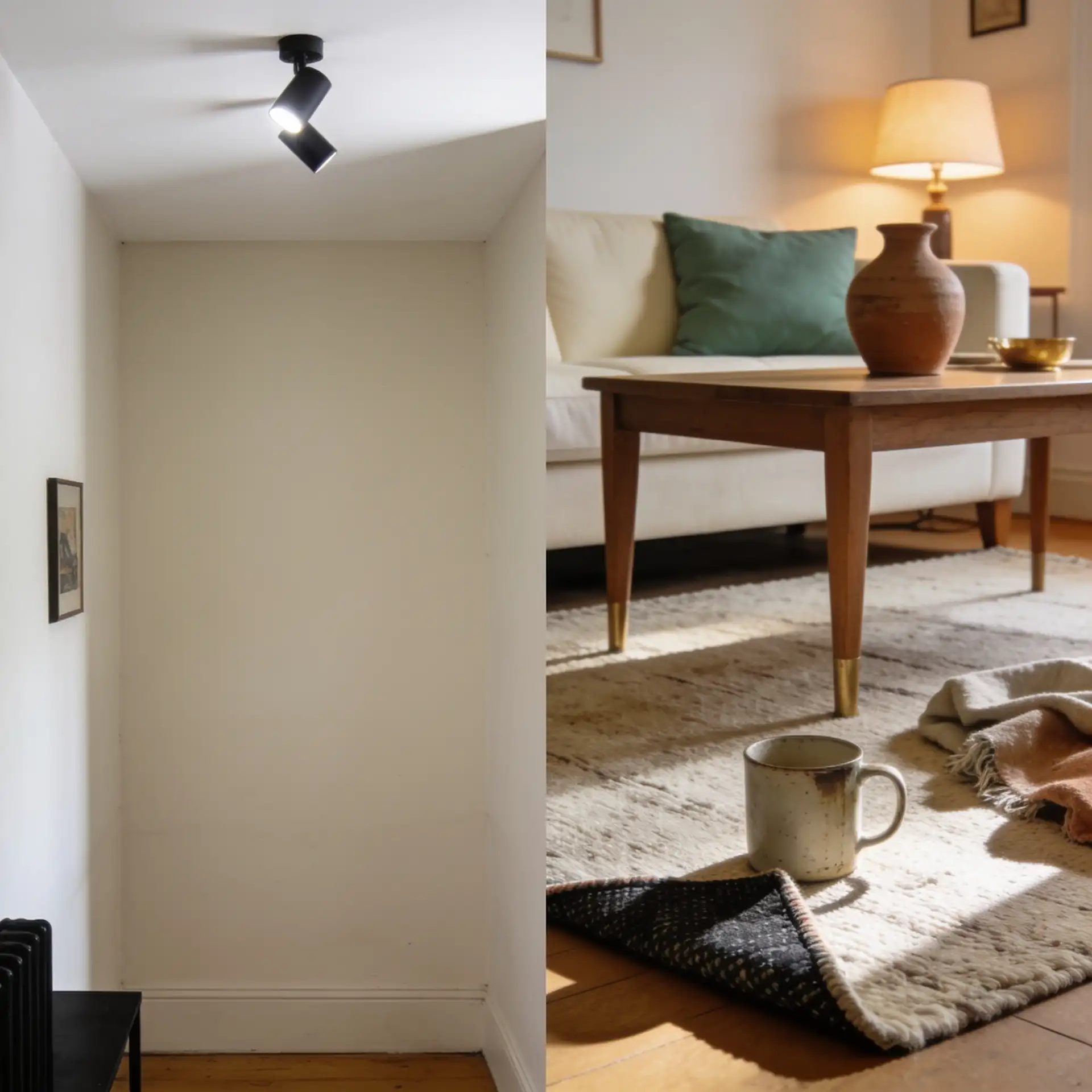 Living room comparison showing flat beige decor beside a richer organic modern mix of wood and stone