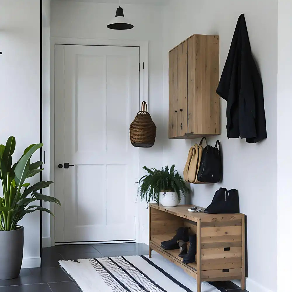 Row of matte black hooks and an over-the-door organizer holding a robe and bag on a bedroom door