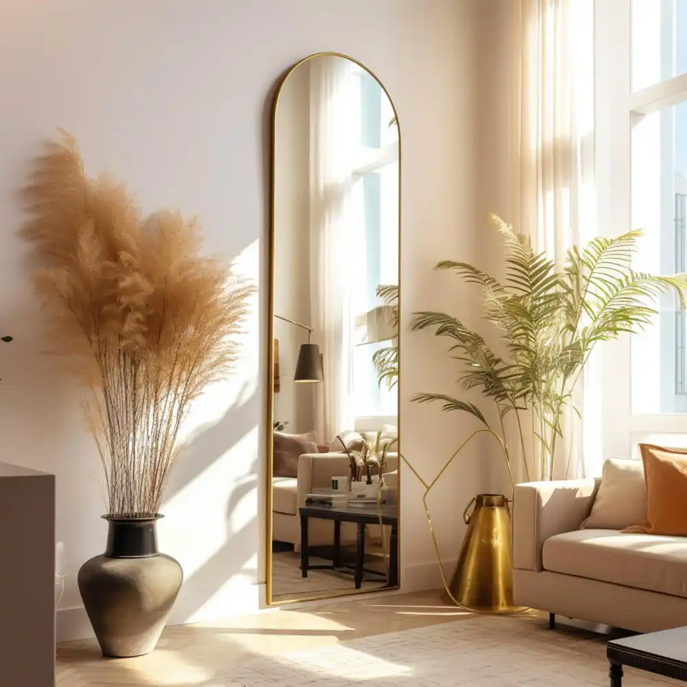 Oversized arched mirror with a thin brass frame above a low platform bed reflecting soft daylight