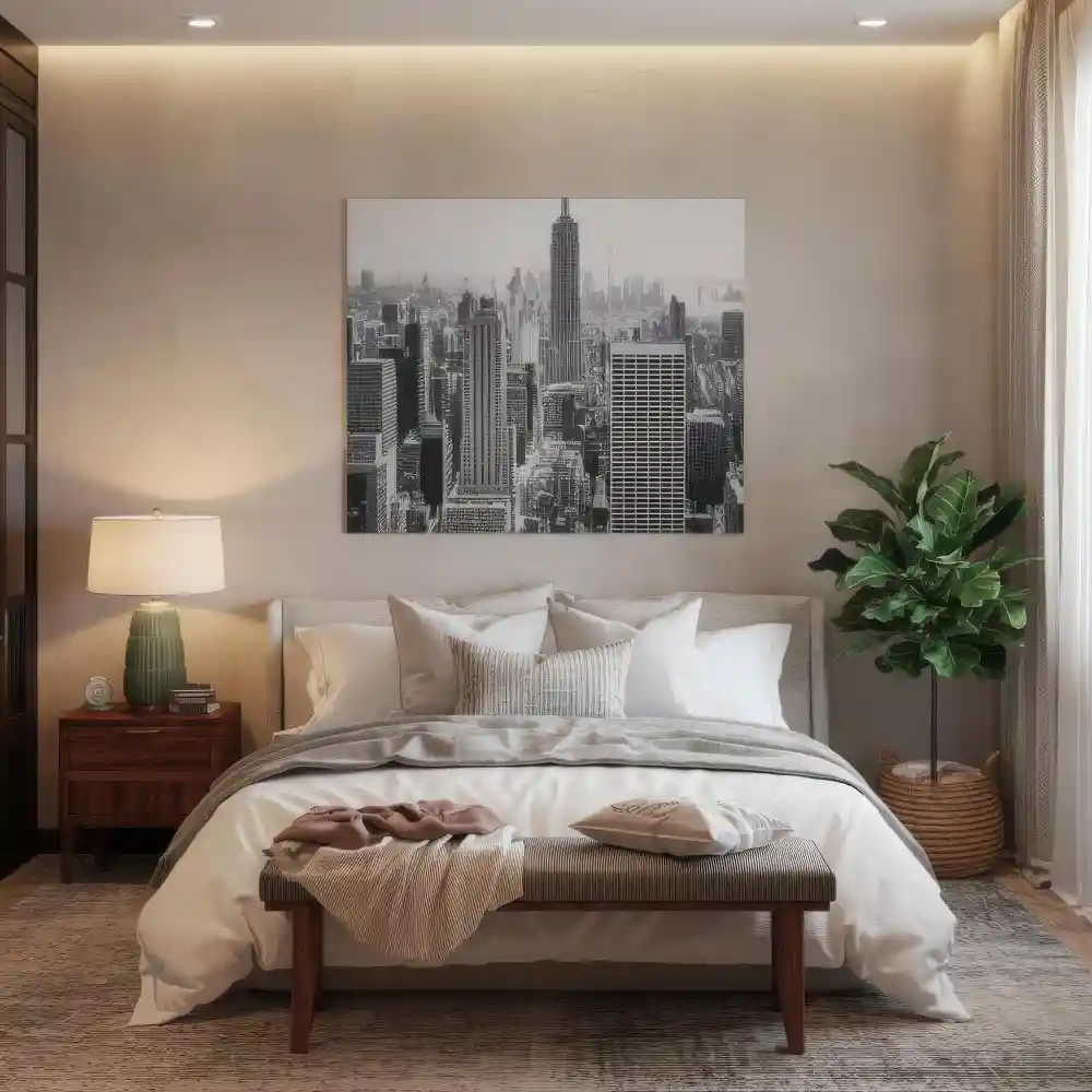 Single oversized horizontal abstract canvas hung above a queen bed with cream linen bedding and a matte black frame