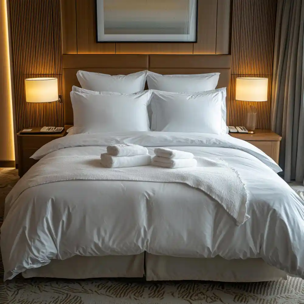 Full oversized white duvet folded back at the top of a bed showing soft, plump corners and even drape