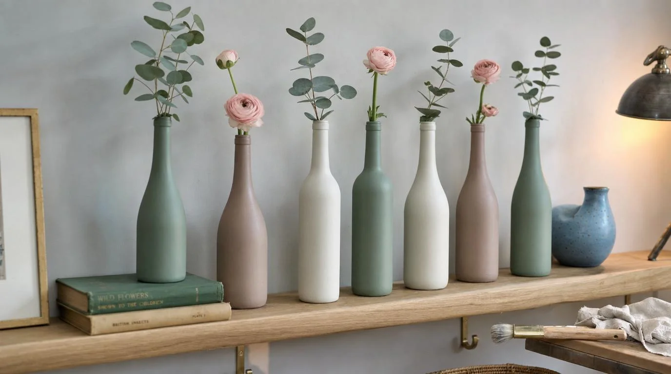 Row of upcycled wine bottles in matte chalk paint used as bud vases with single eucalyptus stems