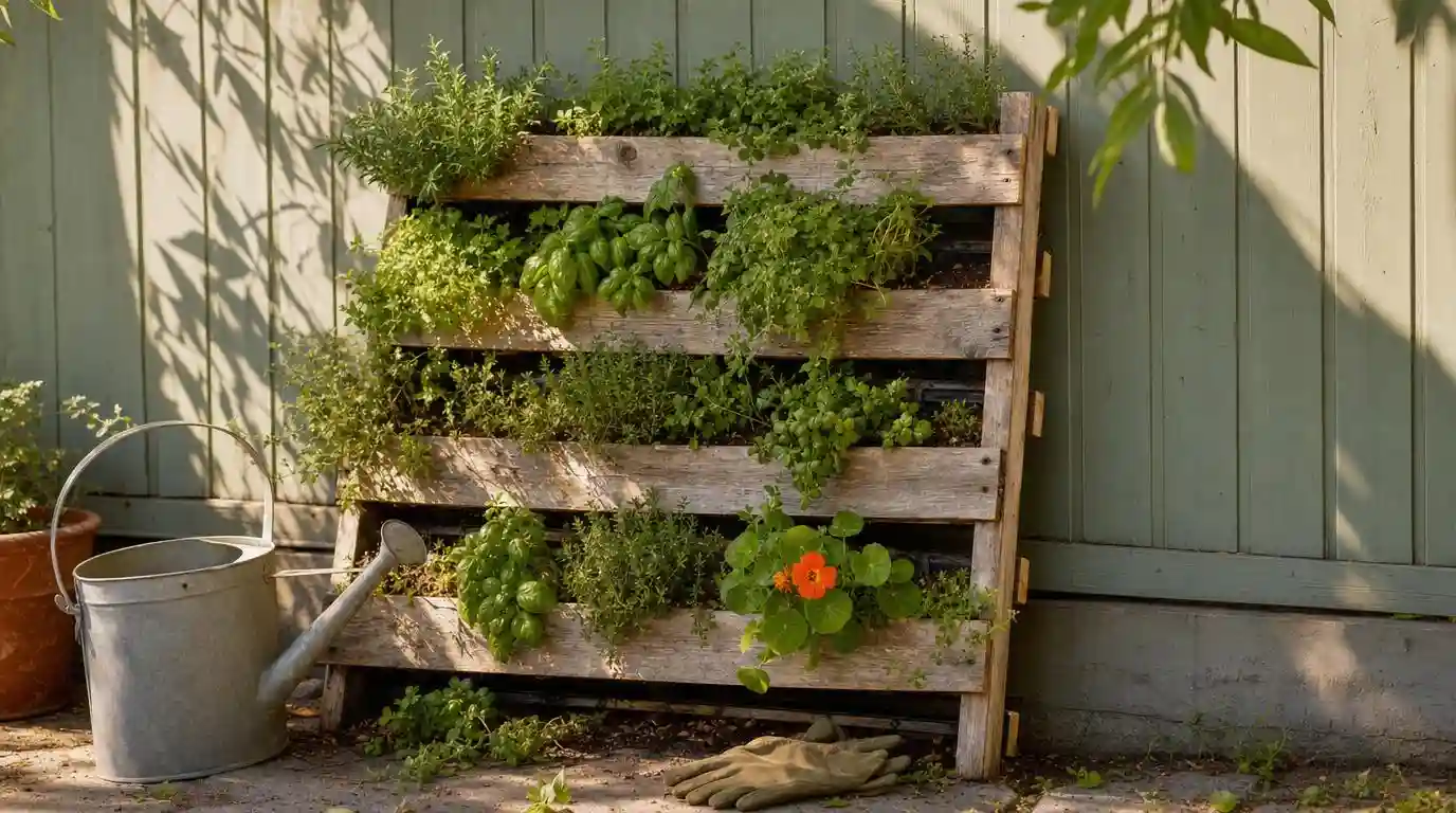 Upcycled wood pallet stood upright as a vertical herb garden against a sunny outdoor wall
