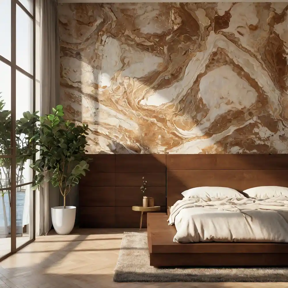 Rental bedroom accent wall with peel-and-stick geometric wallpaper in warm terracotta and cream behind the bed