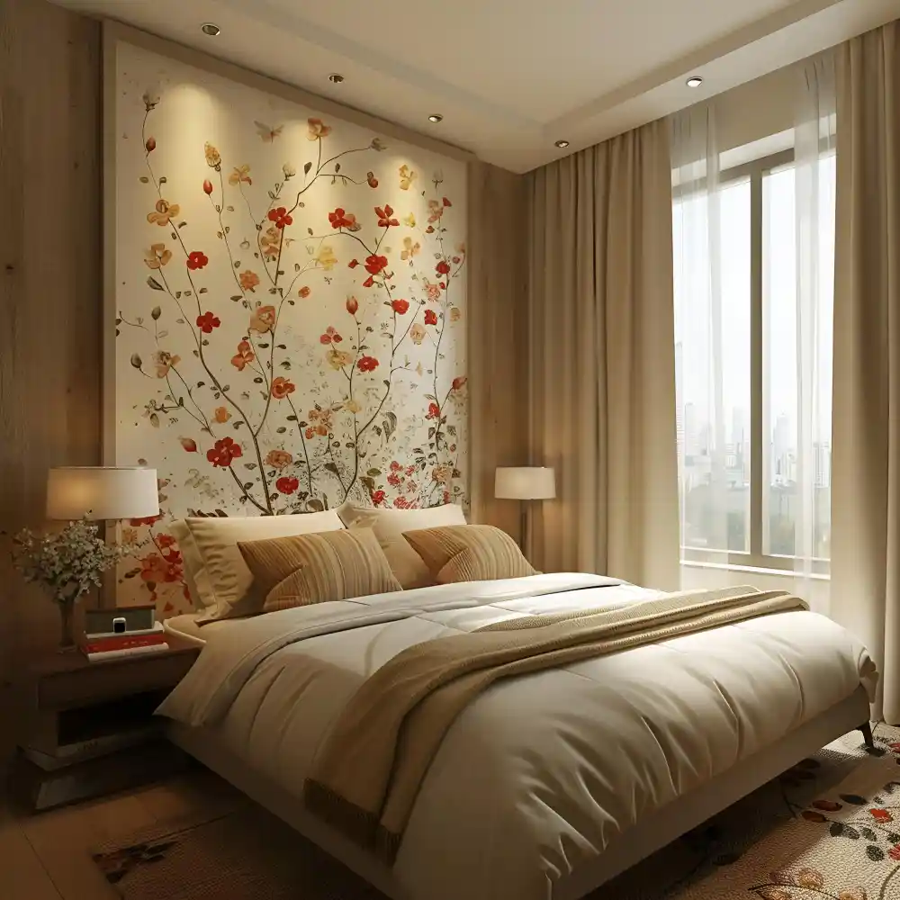 Renter-friendly peel-and-stick patterned wallpaper accent wall behind a simple bed with neutral bedding