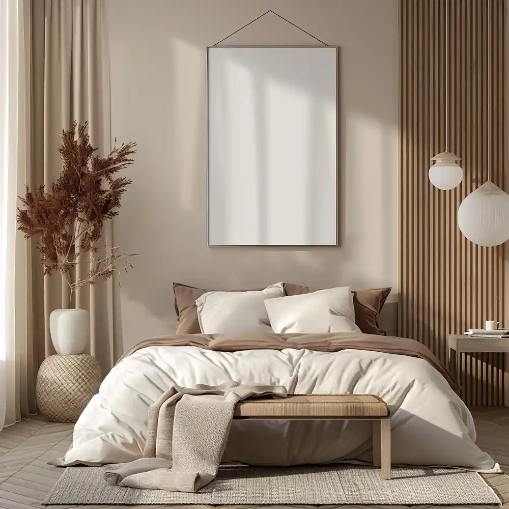 Picture-frame molding grid on a bedroom wall behind the bed, painted soft greige so the frames read as shadow