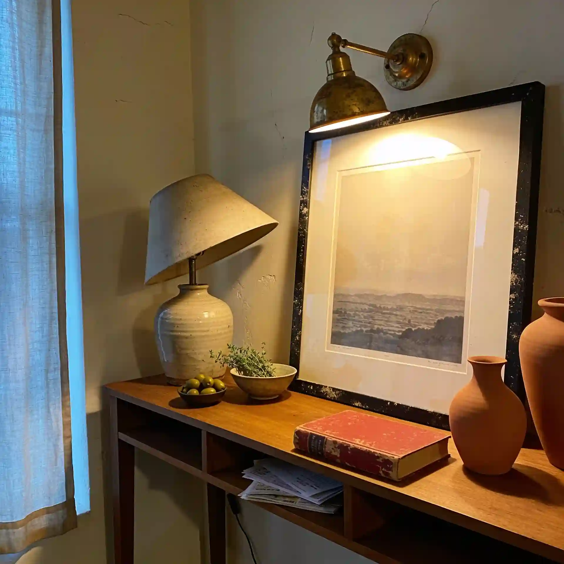 Warm picture light above framed living room artwork with walnut console and ceramic lamp
