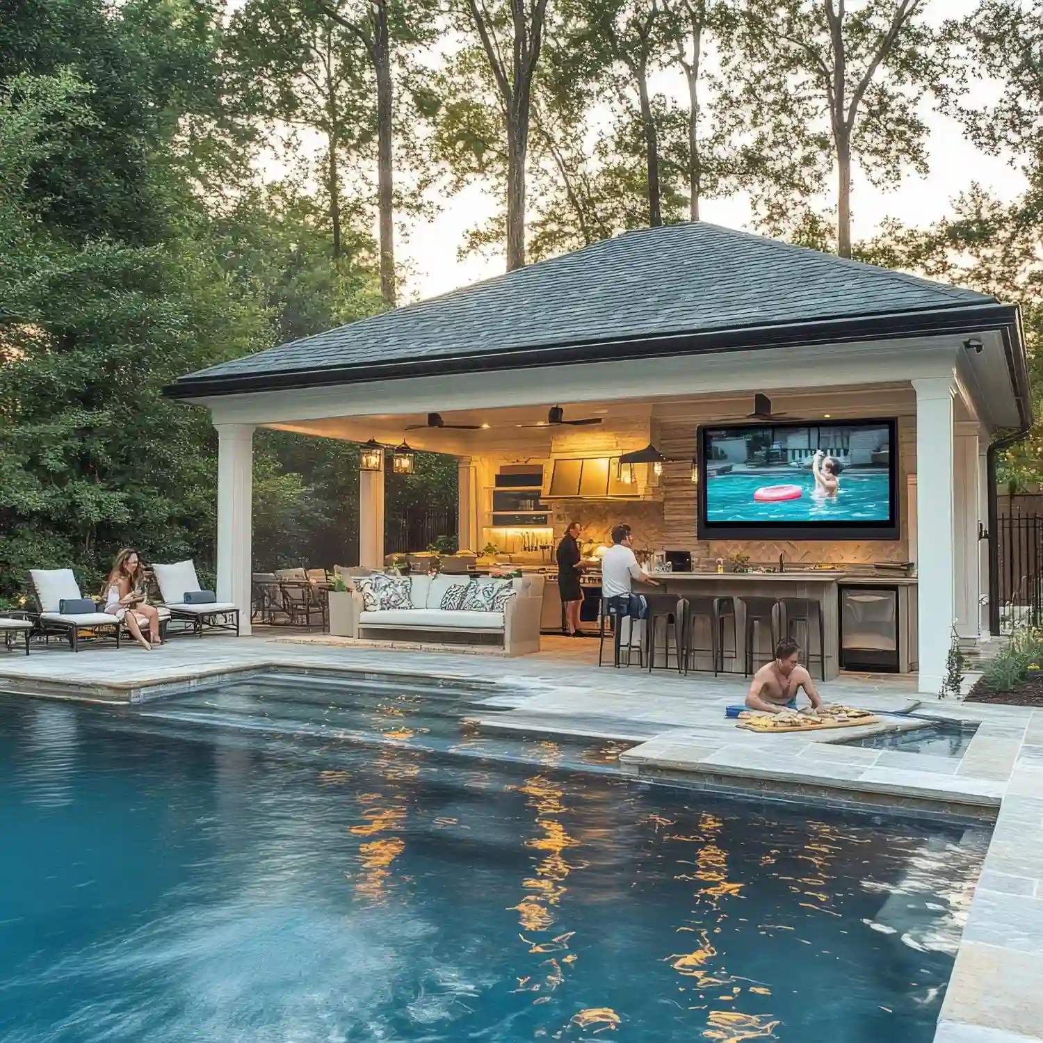 Detached pool house converted to a man cave with outdoor man cave bar setup and lounge seating