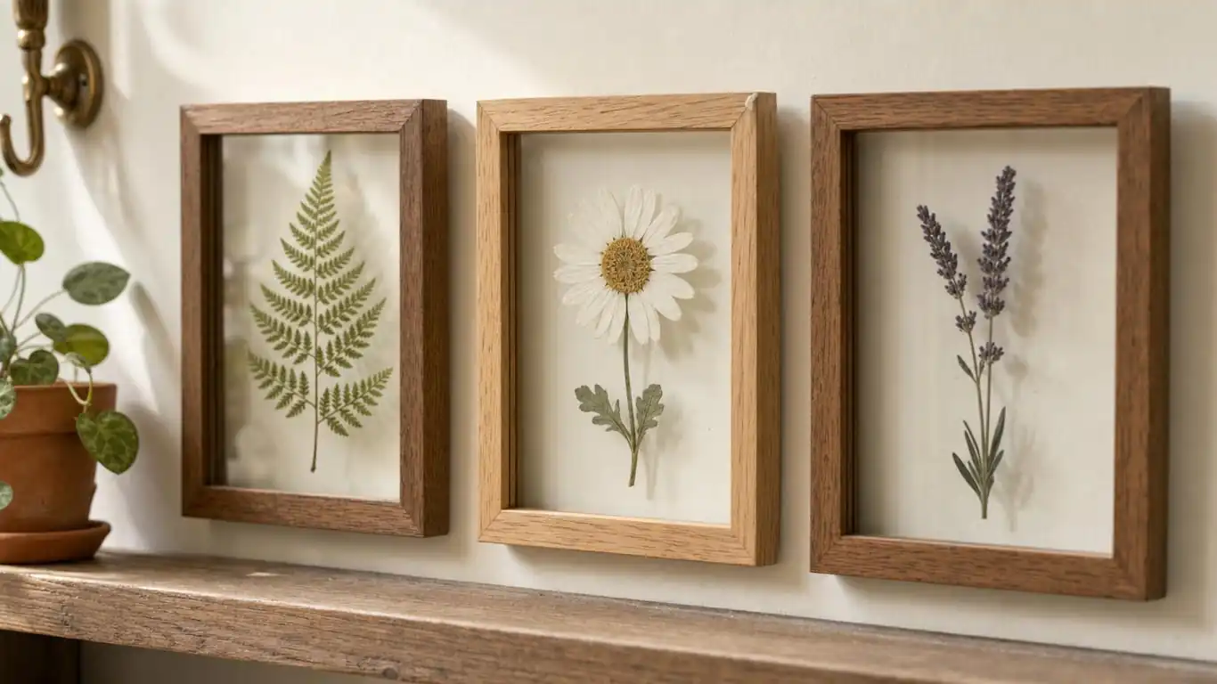 Three pressed flower frames floating between glass with ferns and daisies on a cream wall