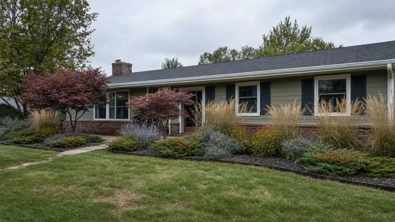 Ranch home foundation planting with ornamental grasses, native perennials, and defined steel edging border