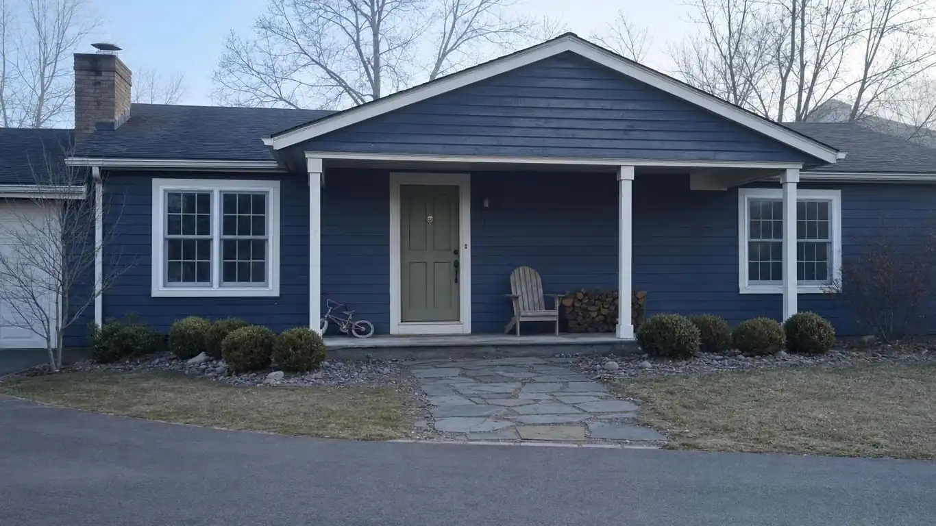 Ranch style home exterior painted in deep navy with white trim and brushed brass porch light at dusk