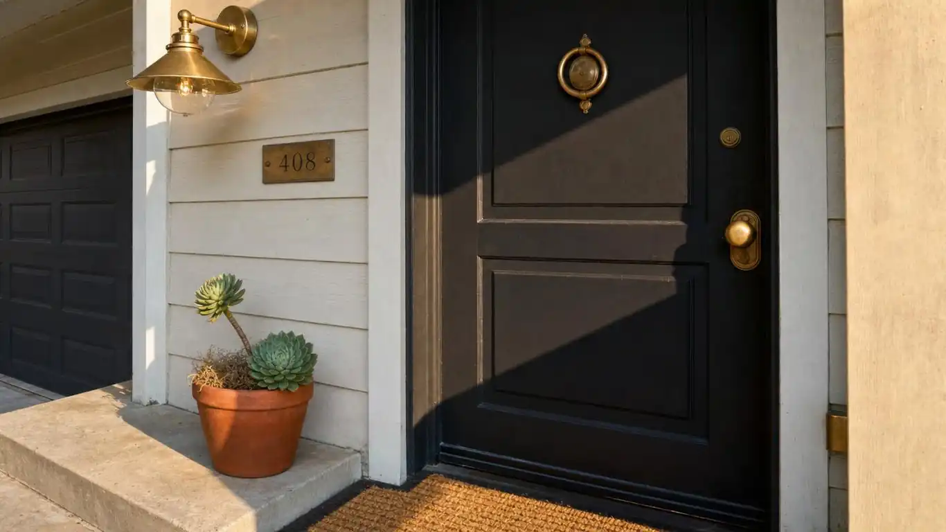 Ranch home front entry with bold matte black door, oil-rubbed bronze hardware, and low ornamental grasses