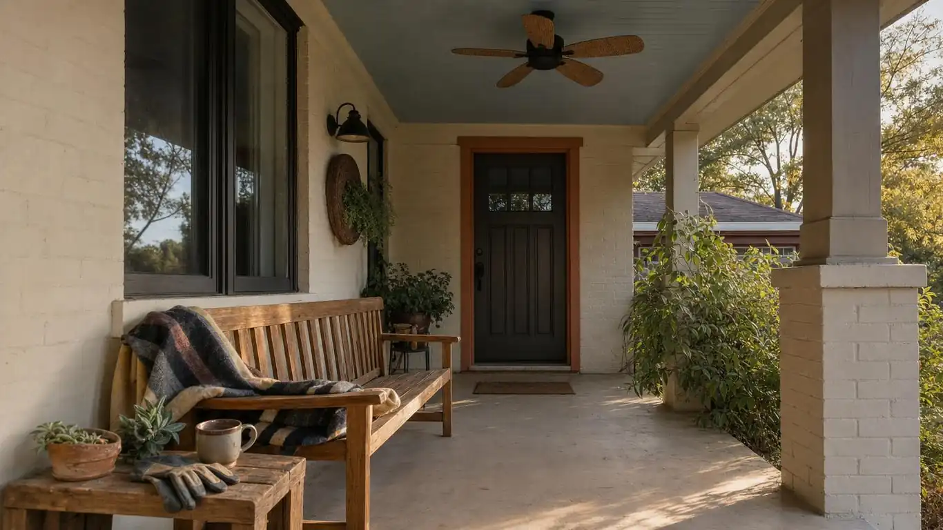 Close-up of ranch porch details — brushed brass house numbers, matte black porch light, and simple bench