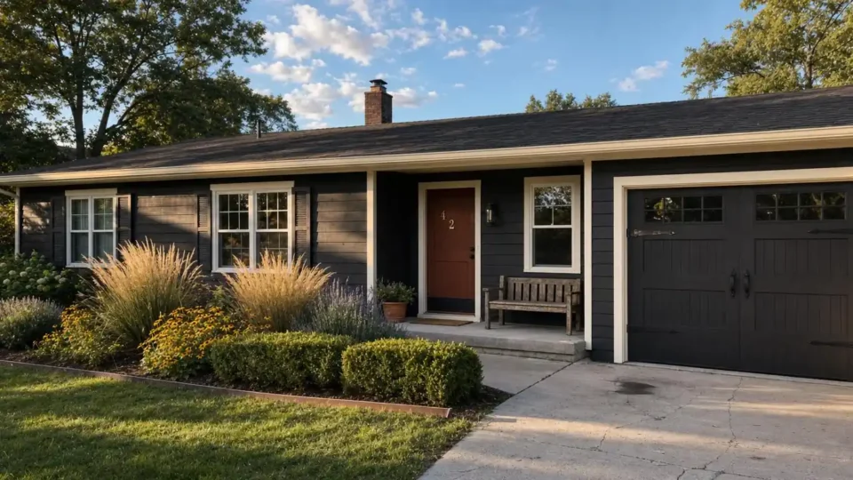Modern ranch home exterior with warm charcoal siding, matte black front door, and layered foundation planting