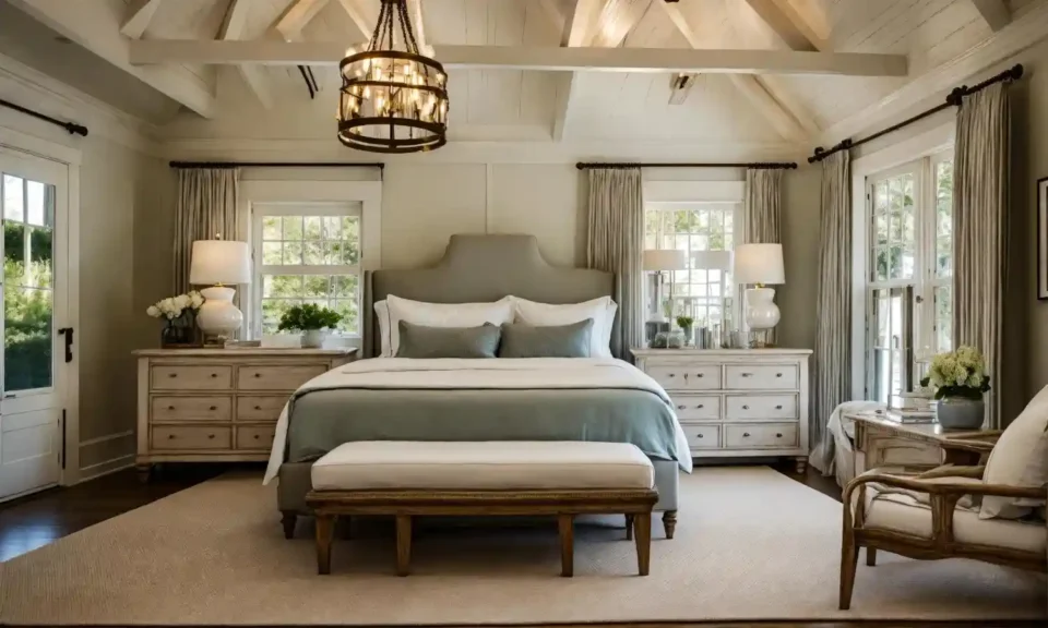 Bright styled rental bedroom with leaning headboard, warm lamp lighting, and linen bedding in cream and sage