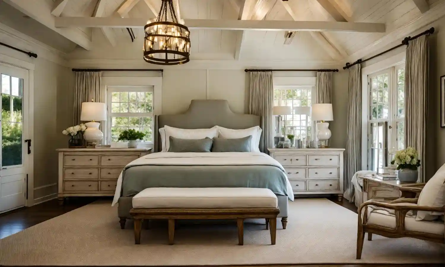 Bright styled rental bedroom with leaning headboard, warm lamp lighting, and linen bedding in cream and sage
