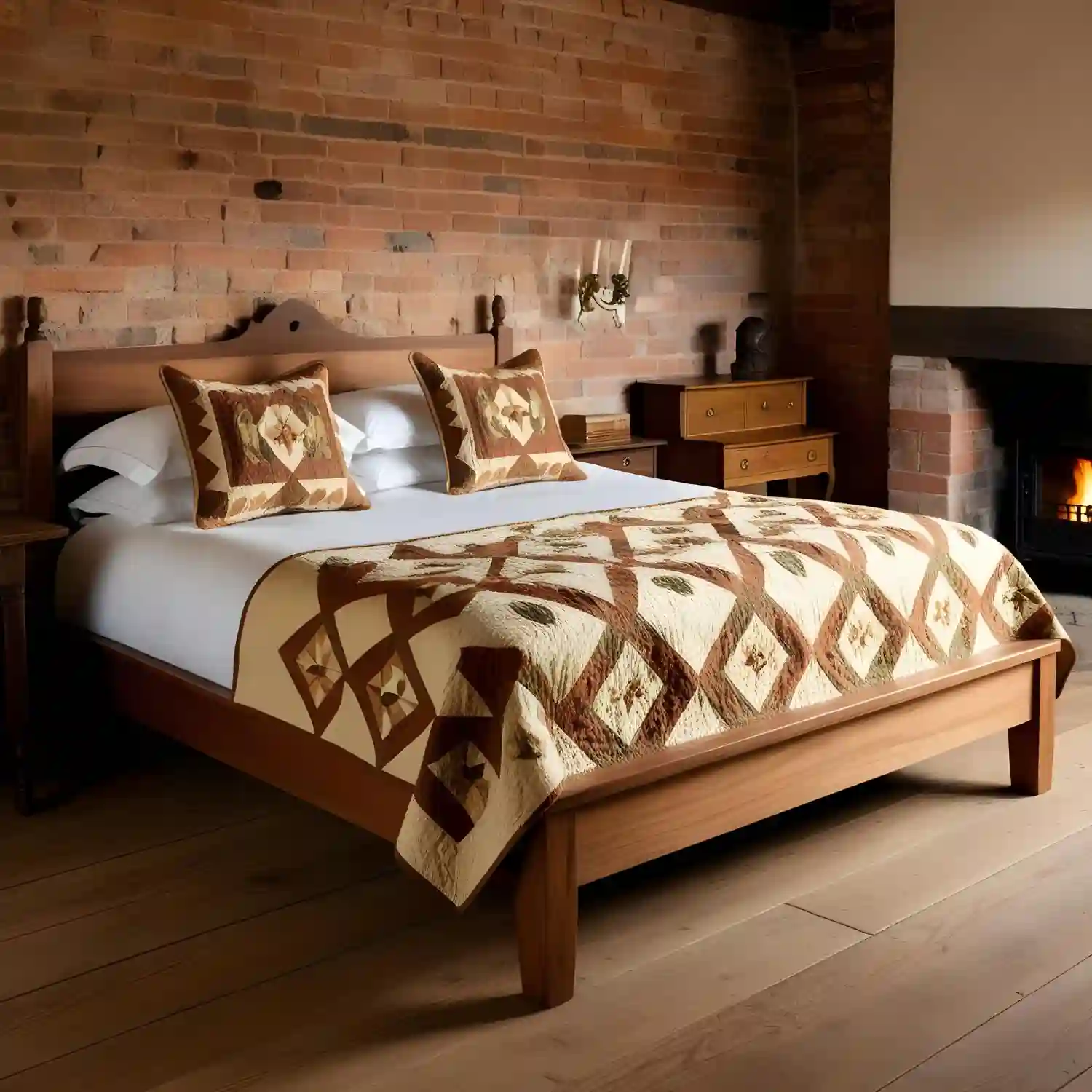 Rustic bedroom layout with distressed wood platform bed, mismatched vintage nightstands, and jute area rug