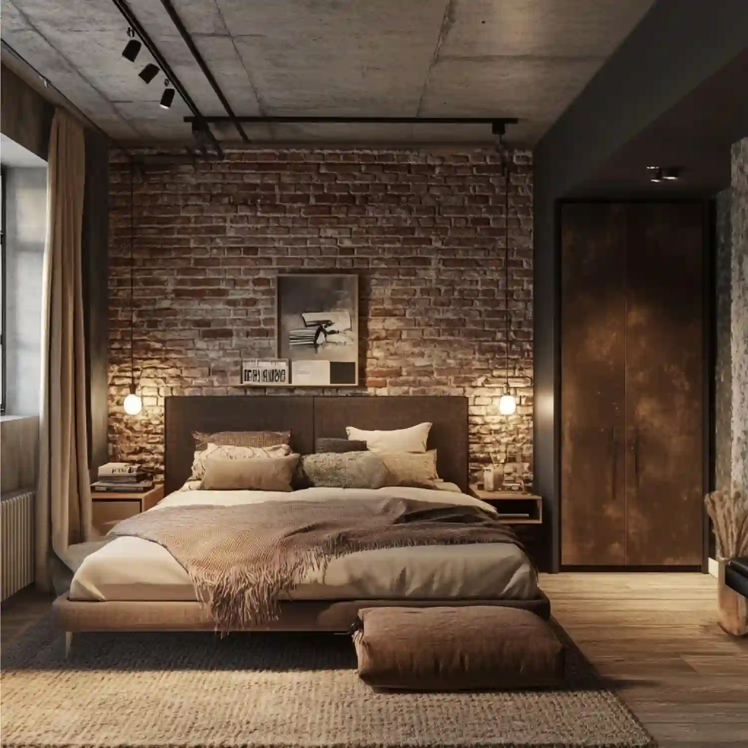 Rustic bedroom wall combining natural wood planks and stone tile with warm sconce lighting