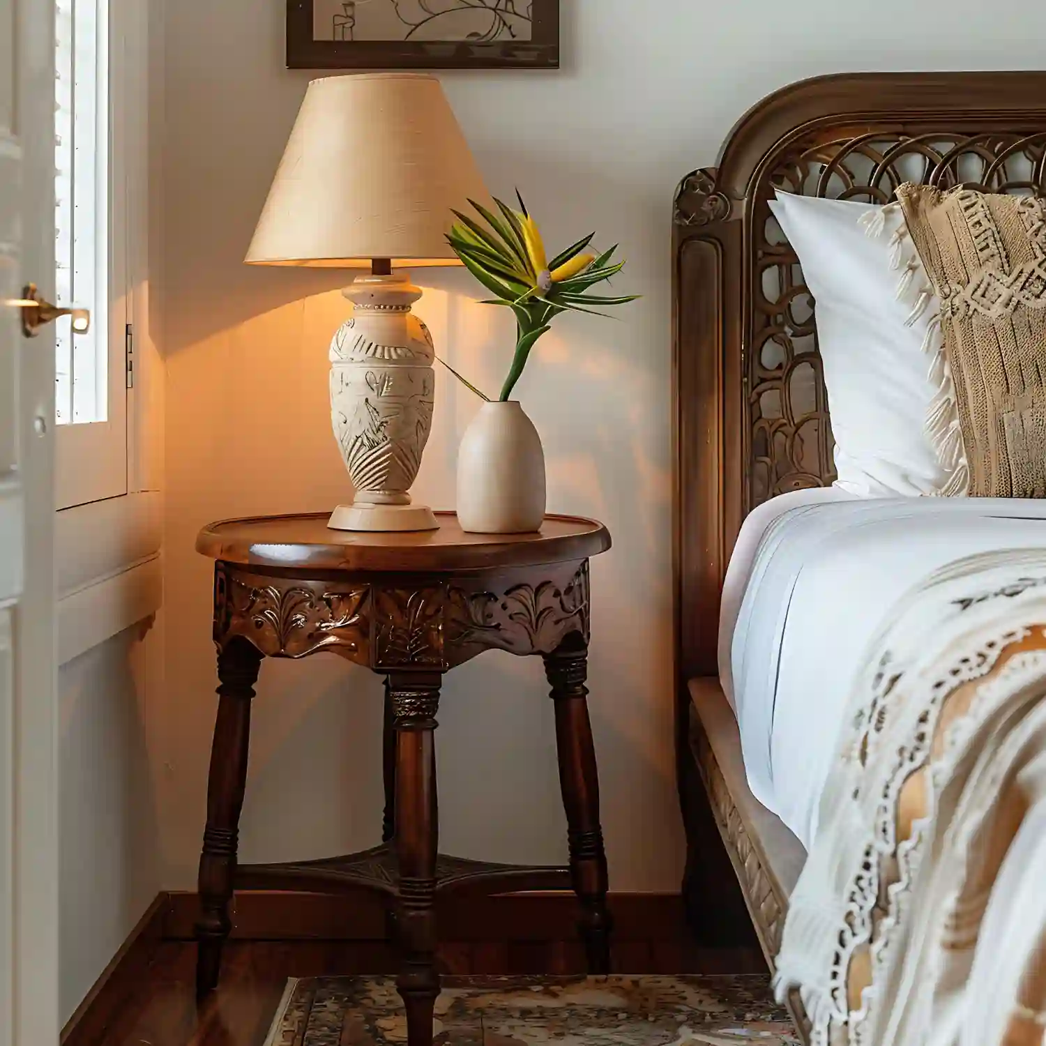 Reclaimed oak platform bed with cream linen duvet, jute rug underneath, and aged brass bedside lamp