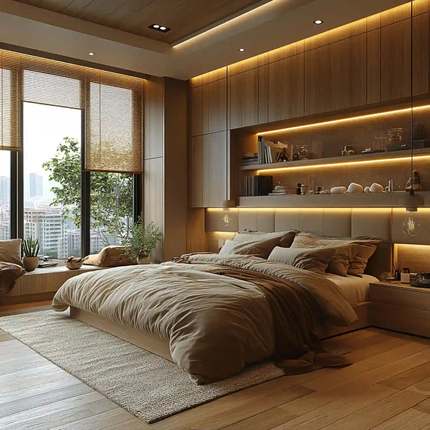 Warm white shiplap accent wall behind a bed with cream linen bedding and aged wood nightstand