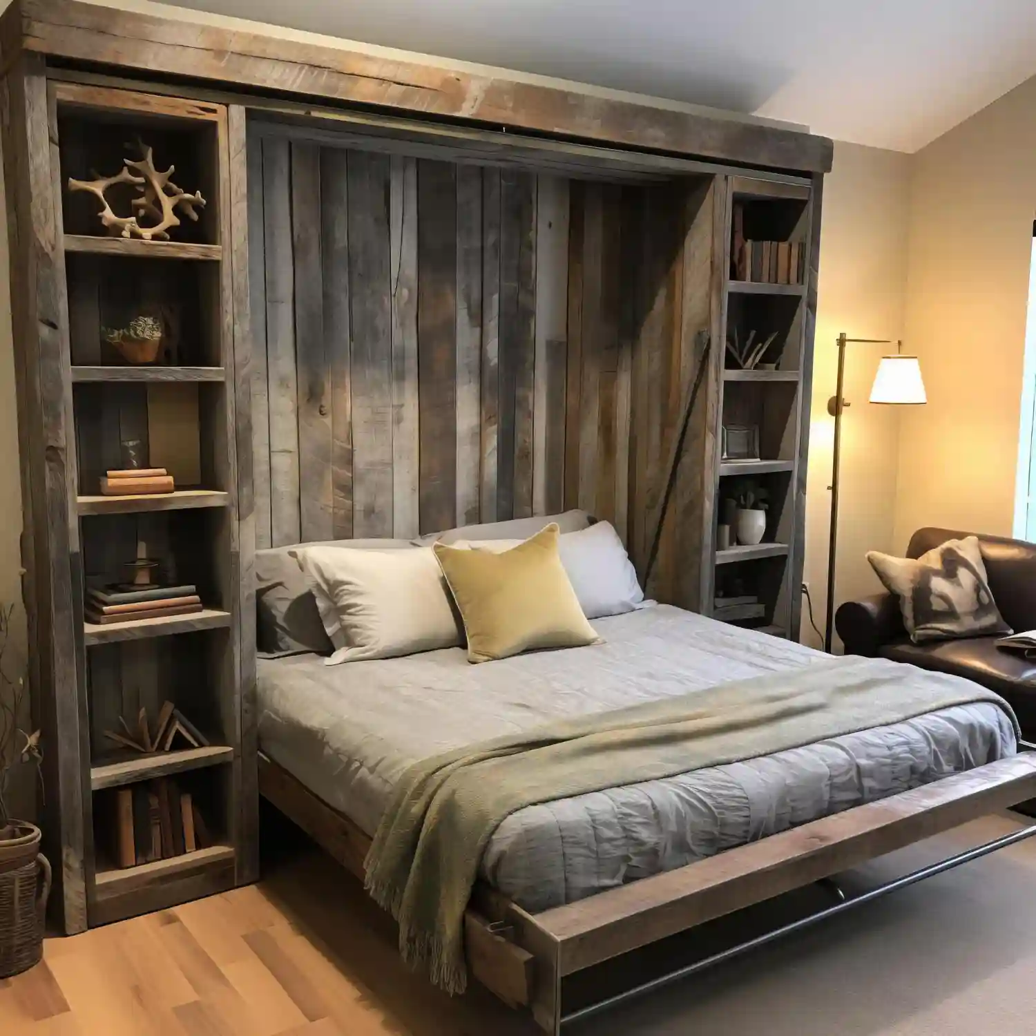 Limewash brick accent wall behind a bed with cream linen bedding and wrought iron wall sconce above nightstand