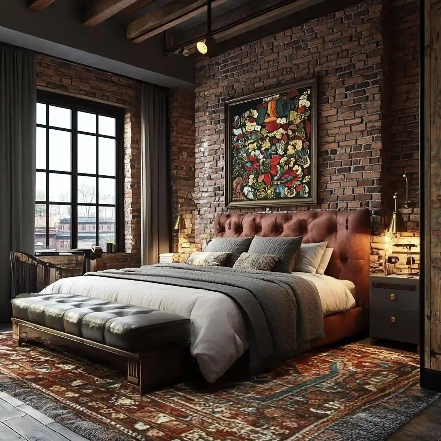 Rustic bedroom ceiling with exposed timber beams, linen curtains on iron rod, and warm 2700K lamp glow