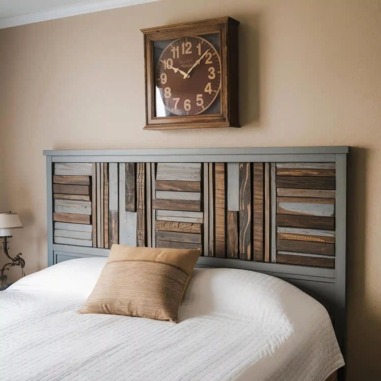 Reclaimed wood plank headboard in a bedroom with warm greige walls and cream linen duvet
