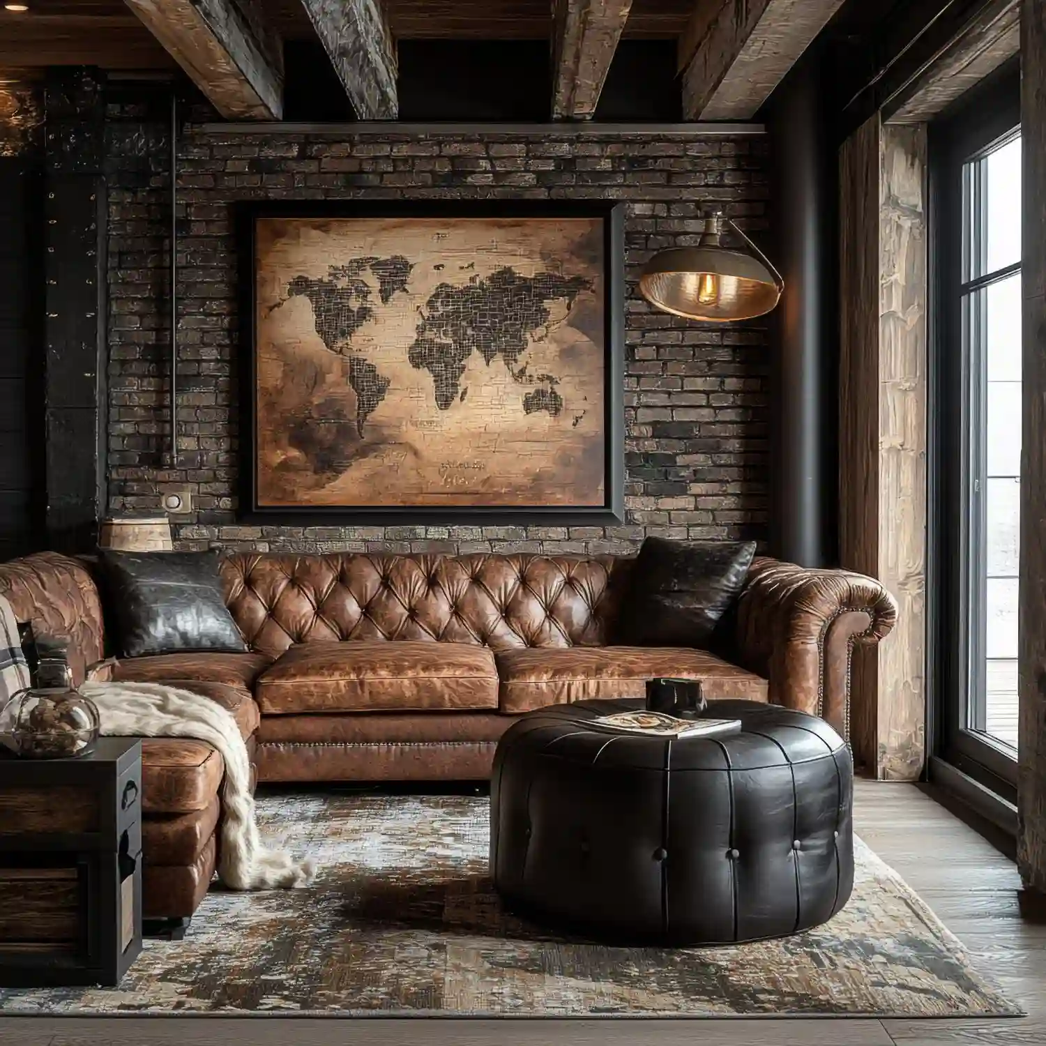 Rustic man cave with reclaimed wood accent wall, cognac leather recliner, jute rug, and Edison pendant lighting