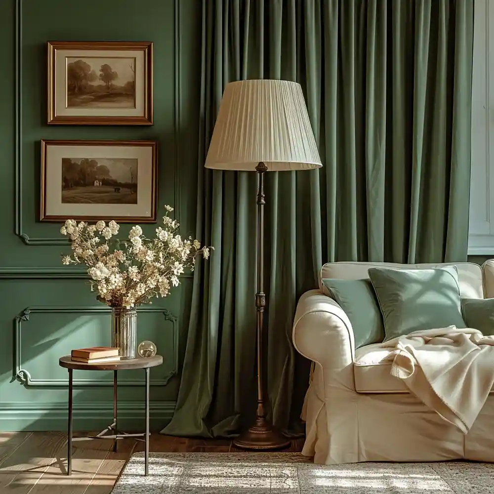 Bedroom with a single sage green accent wall behind an upholstered bed and warm white side walls