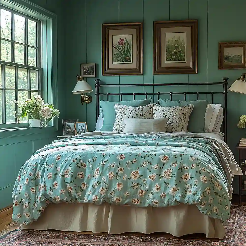 Sage green duvet and shams layered over crisp white sheets with a knit throw at the foot of the bed