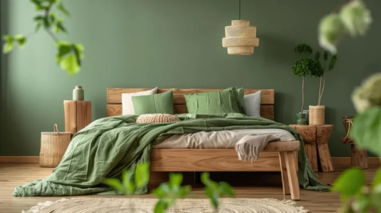 Calm bedroom with soft sage green walls, white bedding, warm oak nightstand, and a warm bedside lamp
