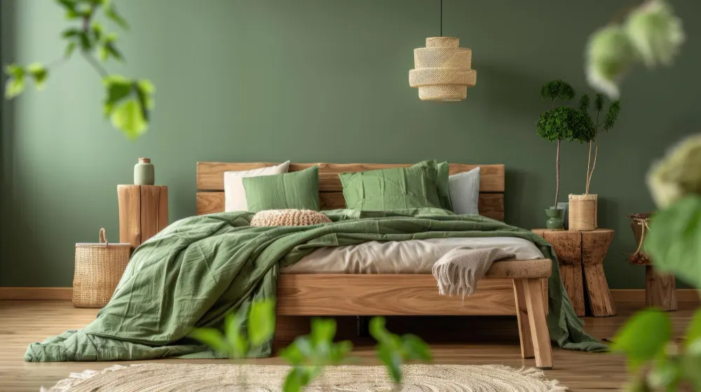 Calm bedroom with soft sage green walls, white bedding, warm oak nightstand, and a warm bedside lamp