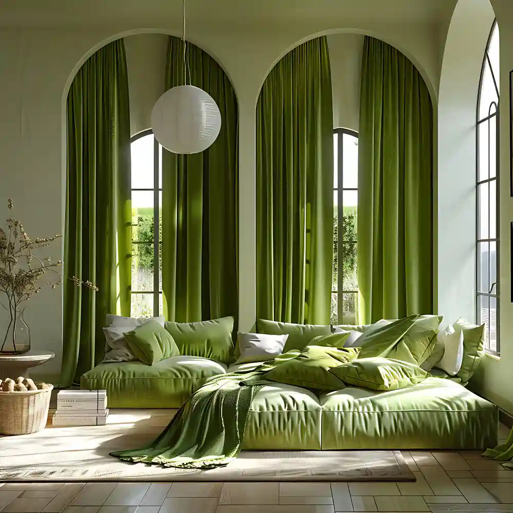 Sage green bedroom with cream linen curtains, a wool rug, and layered boucle and raw-cotton pillows