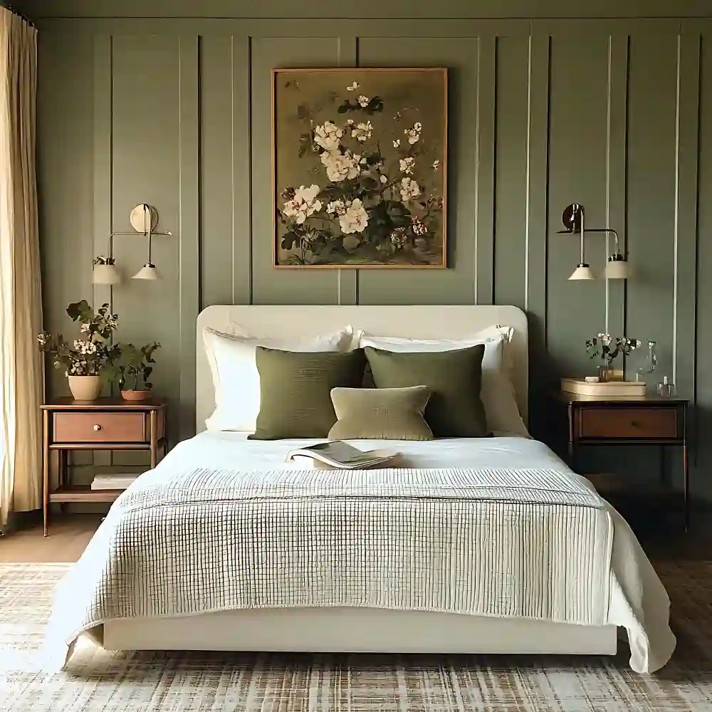 Sage green bedroom with soft green walls, rattan bench, linen bedding, and warm white trim in natural light