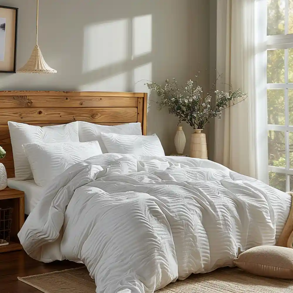 Sage green bedroom ideas with warm oak nightstand, cane headboard, and cream linen curtains