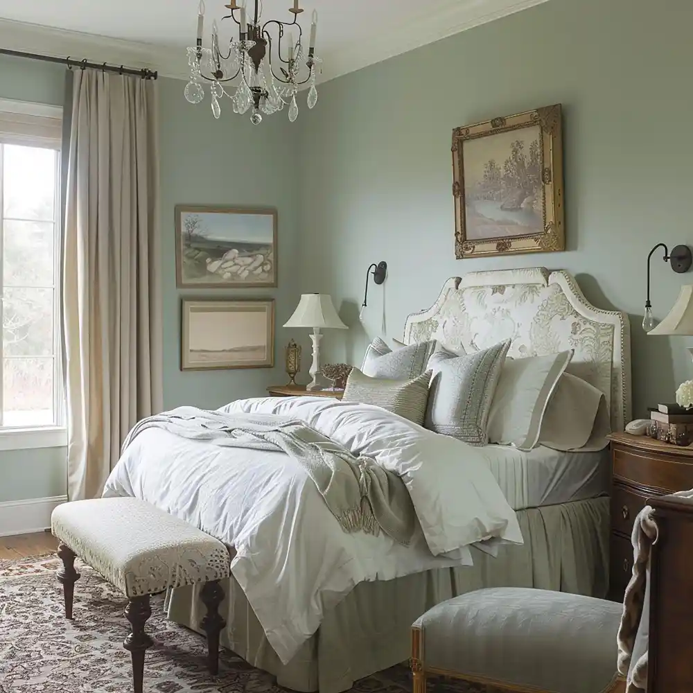 Sage green bedroom with cream linen bedding, warm oak nightstand, and brushed brass table lamp