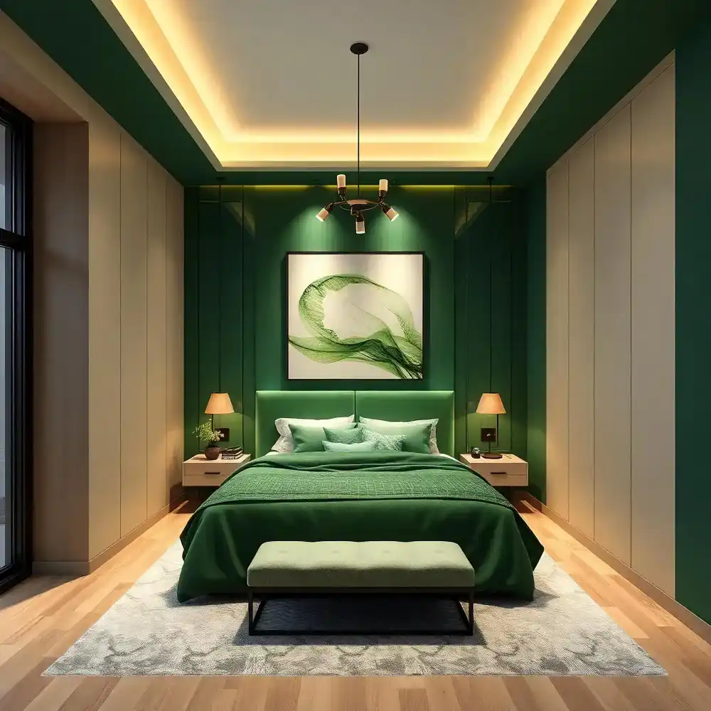 Sage green paint swatches with cream, warm white, oak, and brass samples laid out on linen