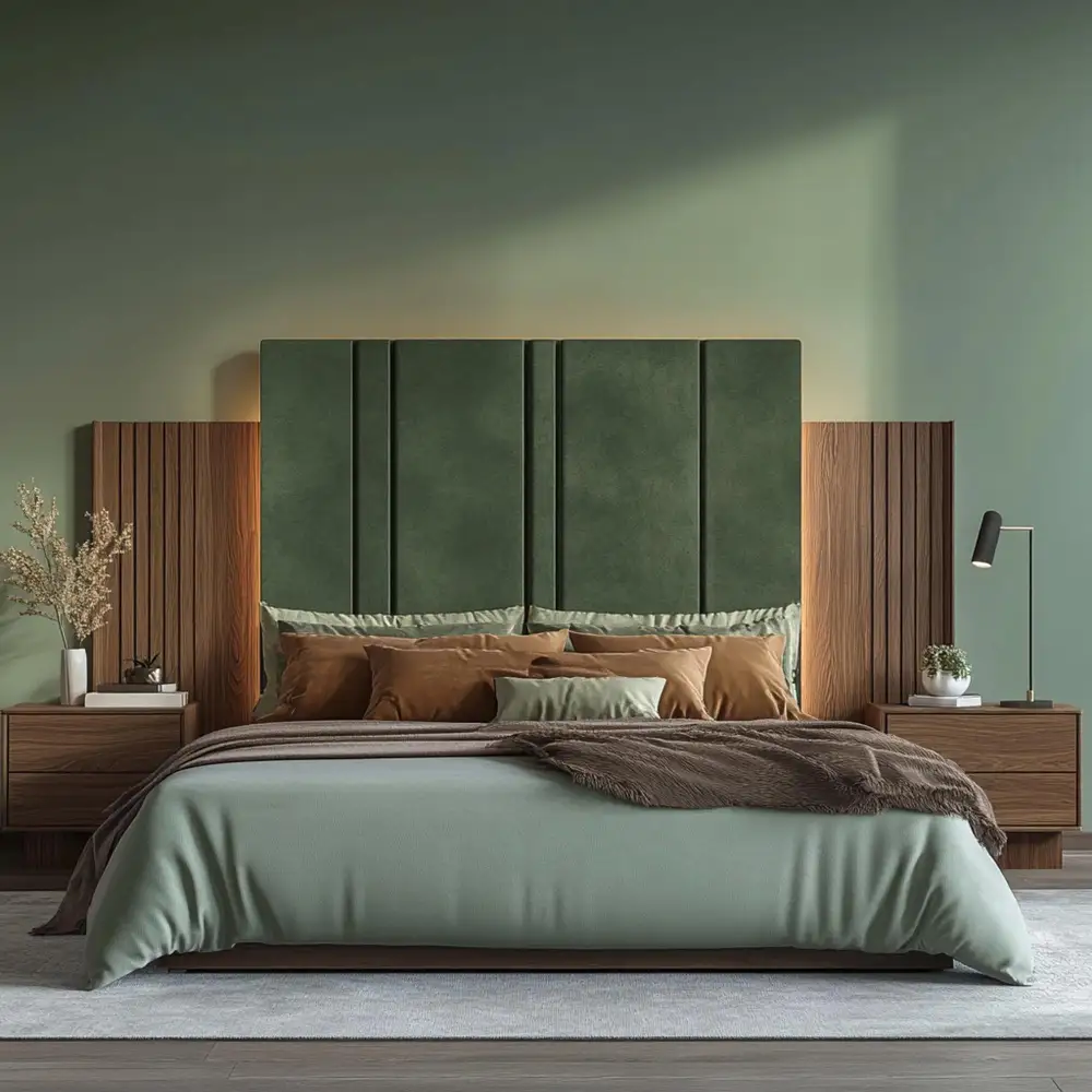 Sage green bedroom paired with warm white trim, cream curtains, and a cream duvet for a soft classic look
