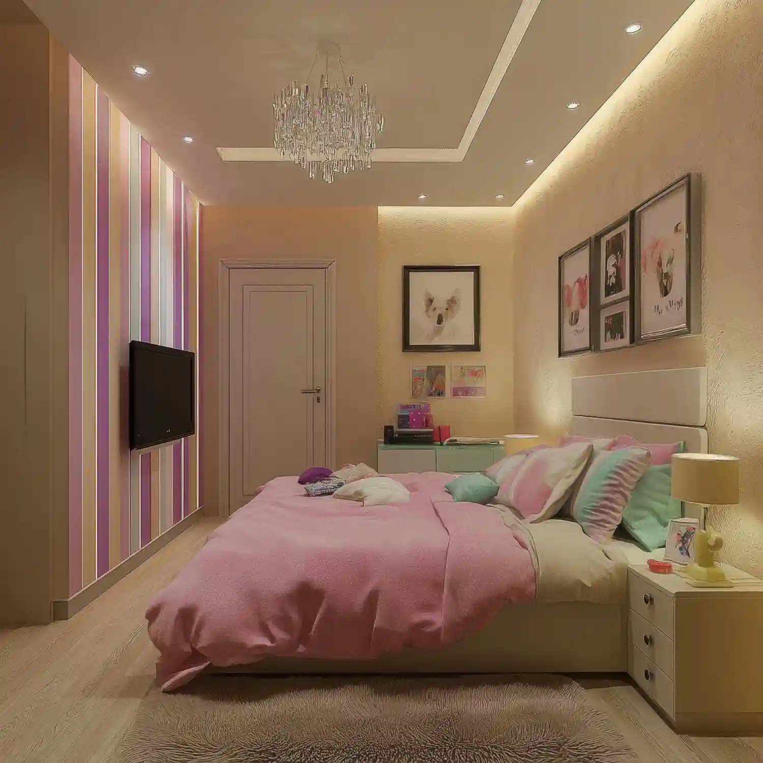 Scandinavian bedroom with walls and ceiling painted the same warm white shade eliminating the ceiling border