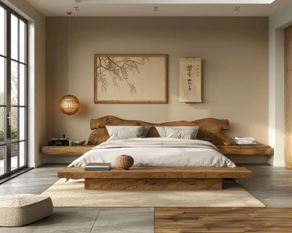 Calm Scandinavian bedroom with warm white walls, pale oak platform bed, layered linen bedding, and 2700K bedside lamps