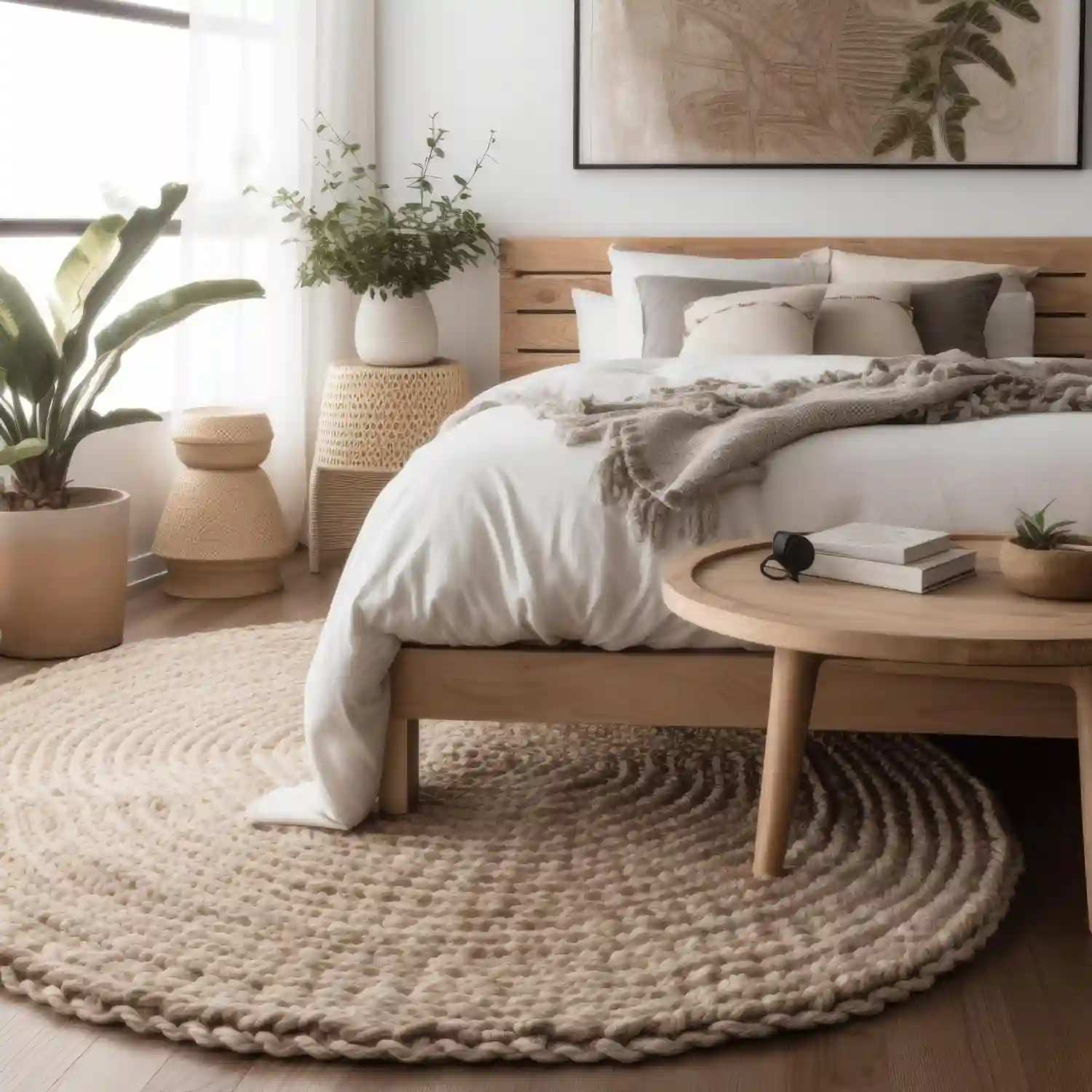 Pale oak hardwood floor in a Scandinavian bedroom with a natural jute rug under the bed and bare floor showing