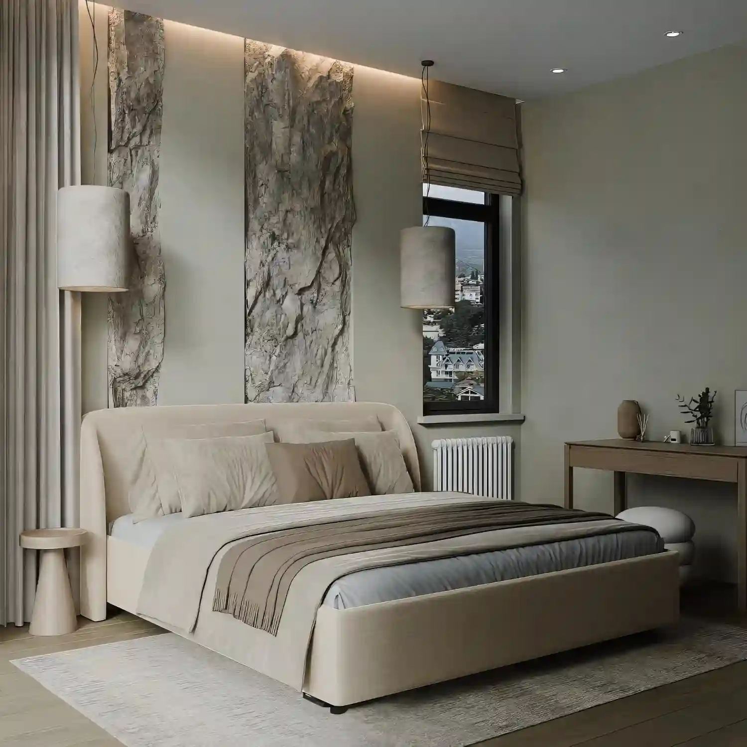 Warm greige accent wall behind a low platform bed with oat linen headboard and layered linen duvet