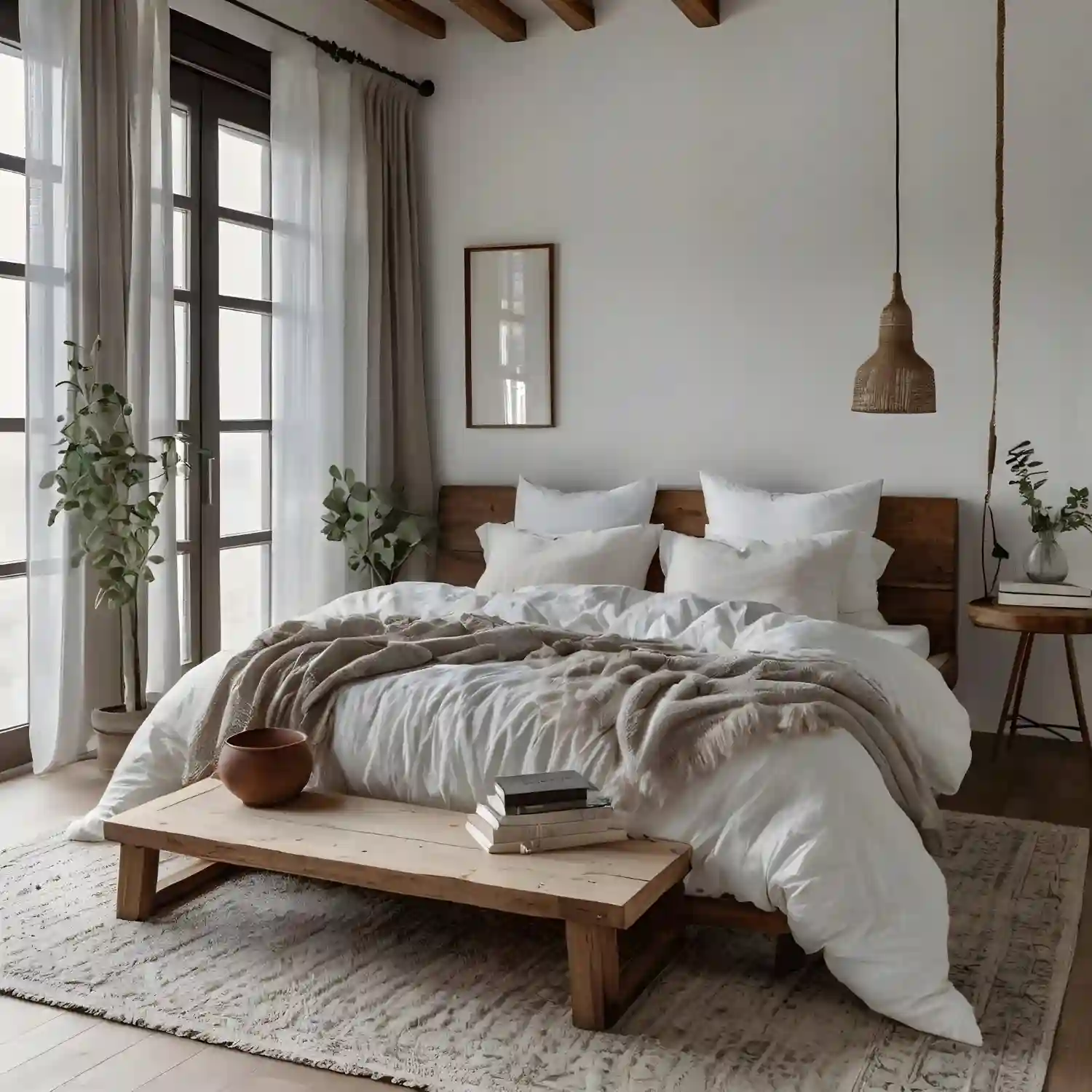 Wide view of a minimal Nordic bedroom with clean-lined furniture, natural oak wood tones, and warm amber lamp glow