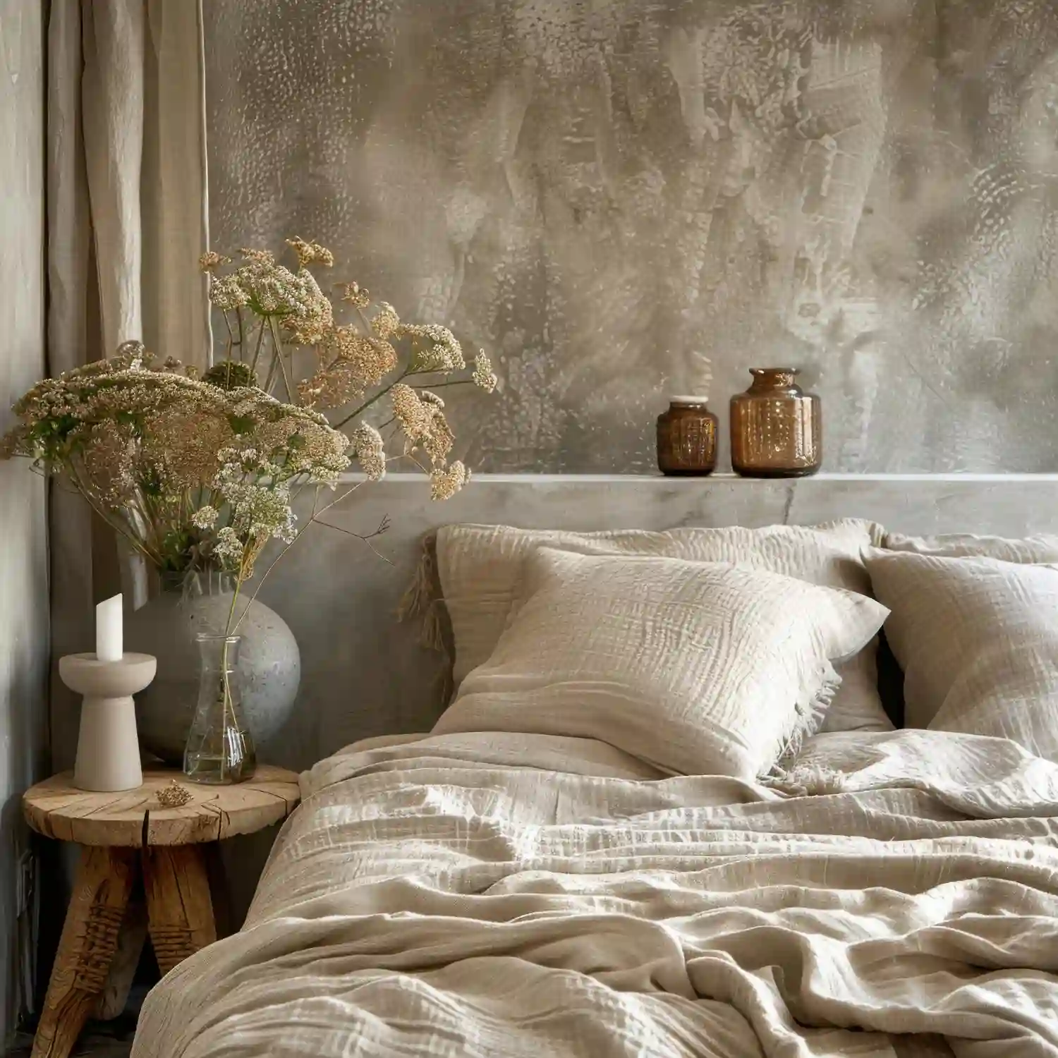 Flat-lay of natural Scandinavian bedroom materials — linen, wool, jute, oak, rattan, and unglazed ceramic